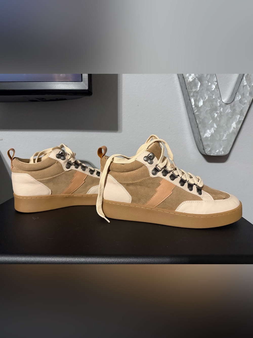 Women's Suede High-Top Sneakers in Tan and Cream